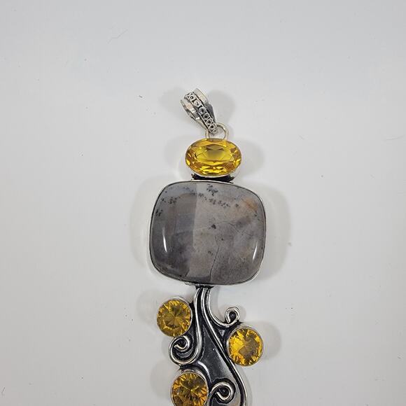 Handmade Silver Pendant with Dendritic Opal and Faceted Citrine Accents - Picture 8 of 10